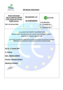 Certificat CE Waste Valorisation par l’APAVE